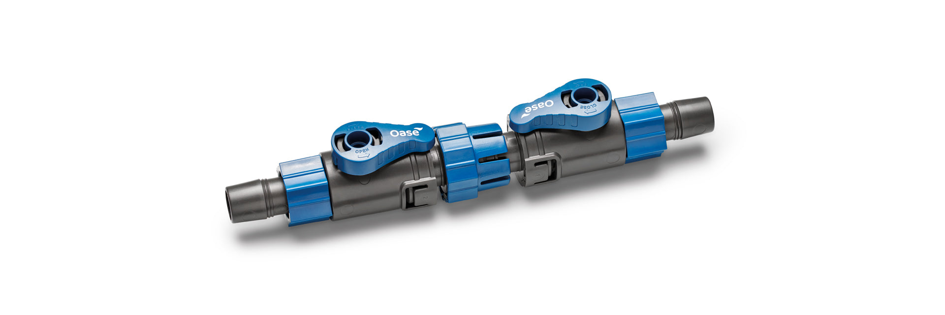 Rubinetto doppio ShutOff Valve Oase 16/22 mm per acquari, in plastica blu con manopole nere Rubinetto doppio ShutOff Valve Oase 16/22 mm per acquari, in plastica blu con manopole nere